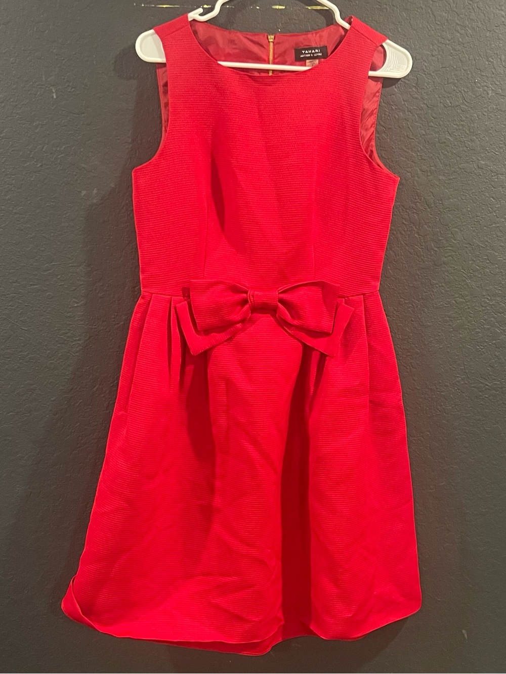 Tahari Arthur S Levine Red Sleeveless Bow Waist Mini Dress Unhemmed Sz